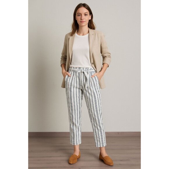 Madewell Linen Cotton Striped Paperbag Pants With Belted Waist Size S - Picture 1 of 15